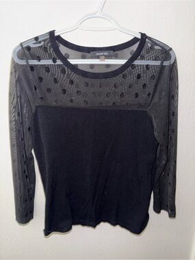 august silk Black 3/4 Sleeve Polka Dot Mesh Yoke Top